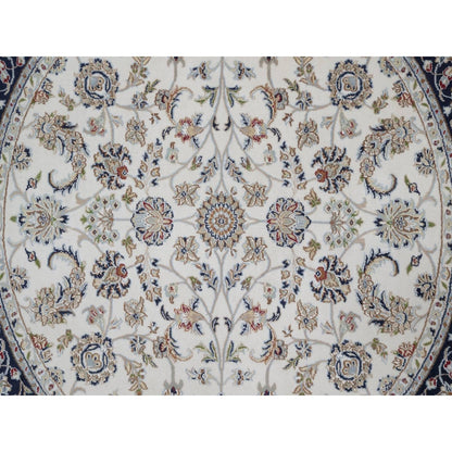 6'2"X6'2" Ivory Nain Flower Design Wool And Silk Hand Knotted Round Rug