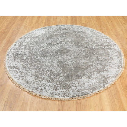 6'X6' Round Grey Broken Farsian Design Wool And Silk Hand Knotted Rug