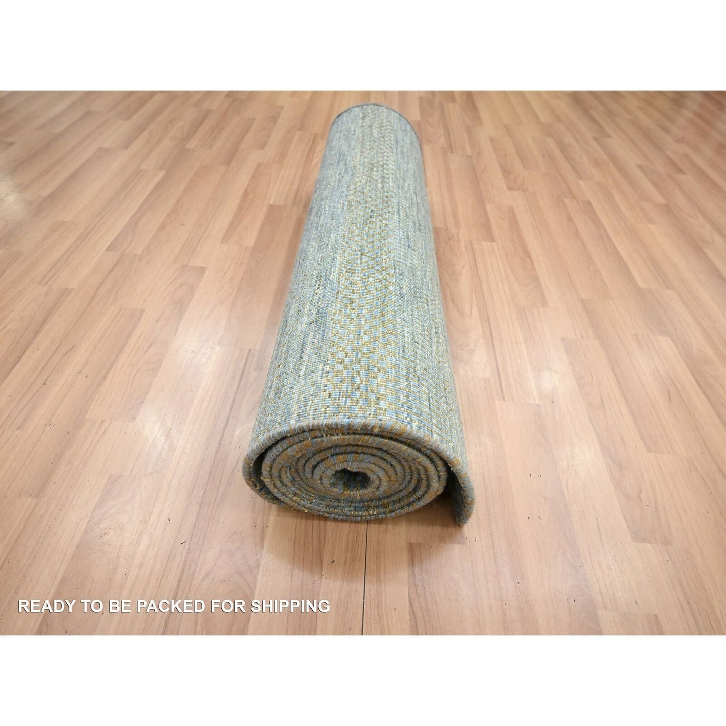 2'7"X12'3" Ensign Blue Wool And Silk Grass Design Hand Knotted Runner Rug
