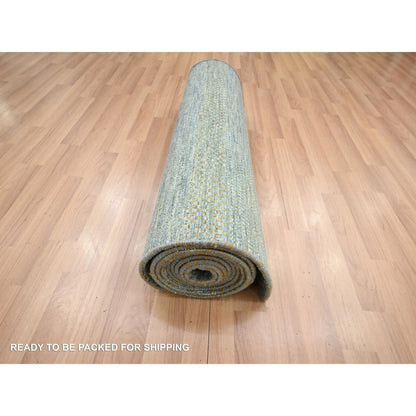 2'7"X12'3" Ensign Blue Wool And Silk Grass Design Hand Knotted Runner Rug