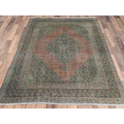 4'1"X6' Honey Brown Hand Knotted Vintage Farsian Sheeraz Worn Wool Rug