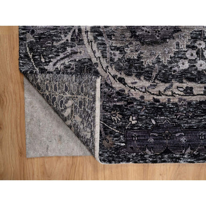 8'1"X10' Black Lush And Plush Hand Knotted Leaf Design Wool And Silk Rug