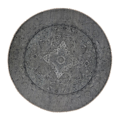 12'x12' Gray Broken Zoroastrian Design Silk/ Wool Hand Knotted Round Rug