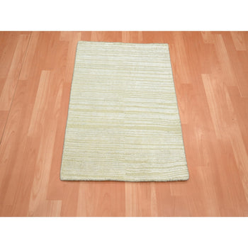 2'X3' Photon White Plain Line Design Silk With Oxidized Wool Mat Rug