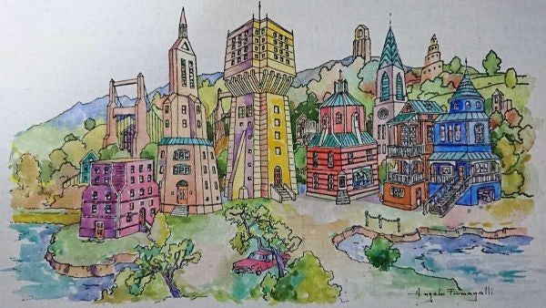 Italian Signed Canvas Watercolor Art Original Cityscape 36x26cm
