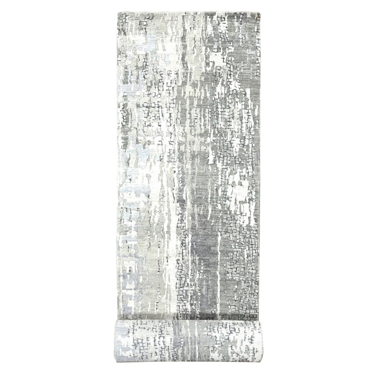 2'9"X19'9" Gray Abstract Design Wool And Silk Hand Knotted Xl Runner Rug