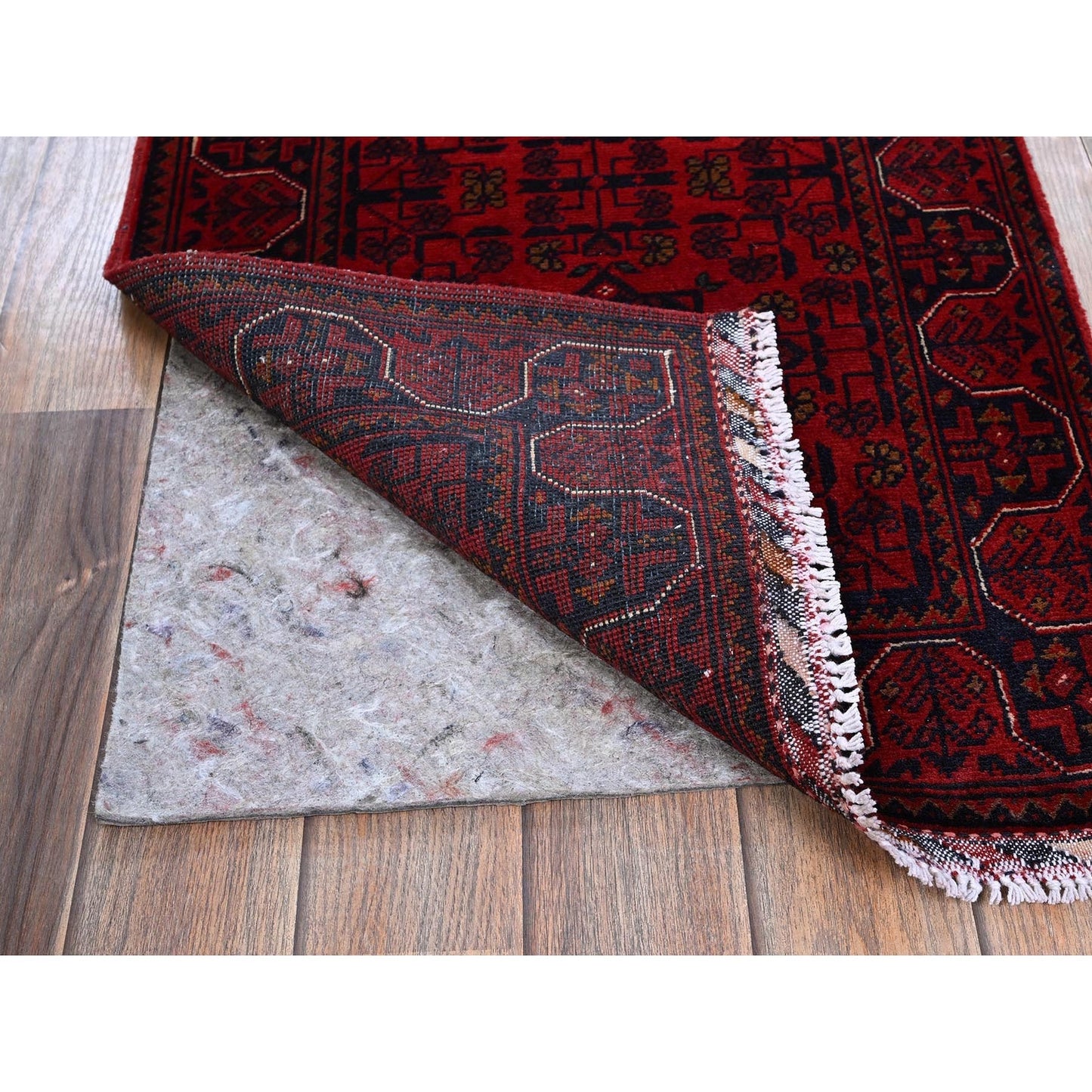 1'10"X4'10" Red Geometric Afghan Khamyab Soft Wool Hand Knotted Runner Rug