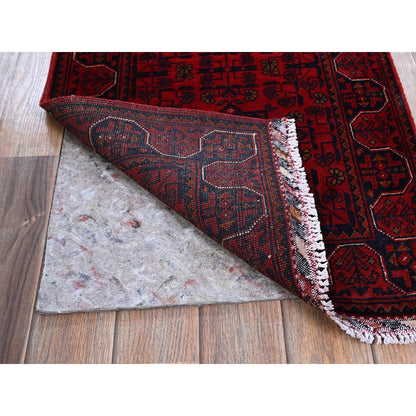 1'10"X4'10" Red Geometric Afghan Khamyab Soft Wool Hand Knotted Runner Rug