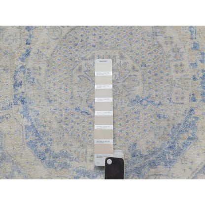 9'X11'9" Ivory-Blue Pure Natural Linen Mamluk Design Hand Knotted Rug