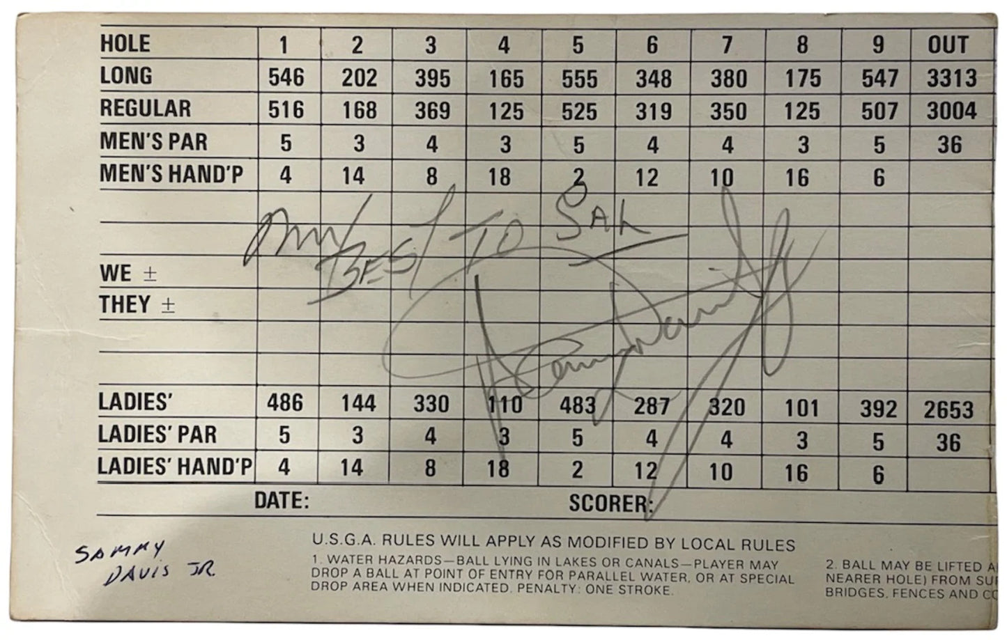 Sammy Davis Jr Autographed Golf Club Scorecard (Jsa)