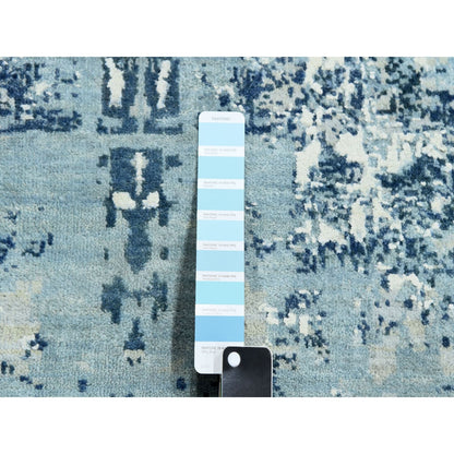 9'x9' Blue Hand Knotted Abstract Design Pure Silk and Wool Round Rug