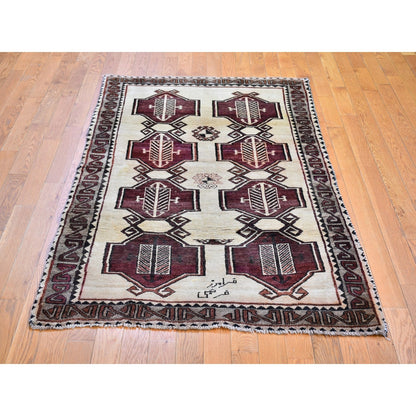 3'7"x6' Old Farsian Gabbeh Signed with Geometric Medallions Hand Made Rug