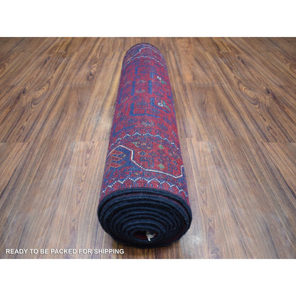 2'8"X12'9" Deep Red Afghan Khamyab Soft Wool Hand Knotted Runner Rug