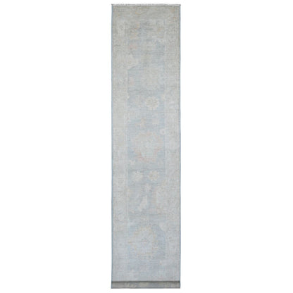3'1"X15'6" Gray Angora Oushak Leaf Design Hand Knotted Wool Runner Rug