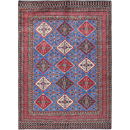 6'1"X8'6" Blue Afghan Ersari Caucasian Design Revival Hand Knotted Wool Rug
