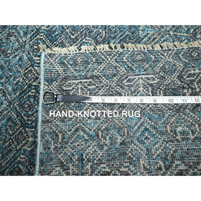2'6"X7'8" Blue Hand Knotted Small Geometric Design Soft Wool Runner Rug