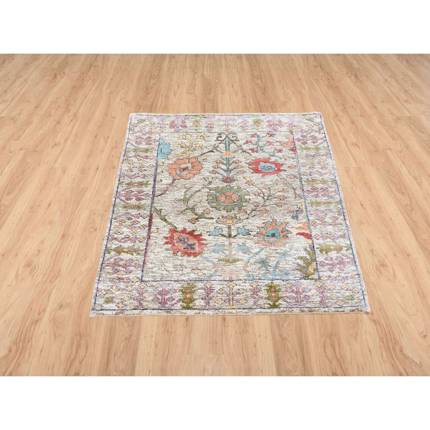 2'2"X3'1" Beige Silk With Textured Wool Hand Knotted Oriental Mat Rug