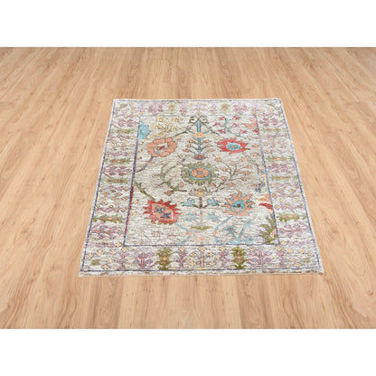 2'2"X3'1" Beige Silk With Textured Wool Hand Knotted Oriental Mat Rug