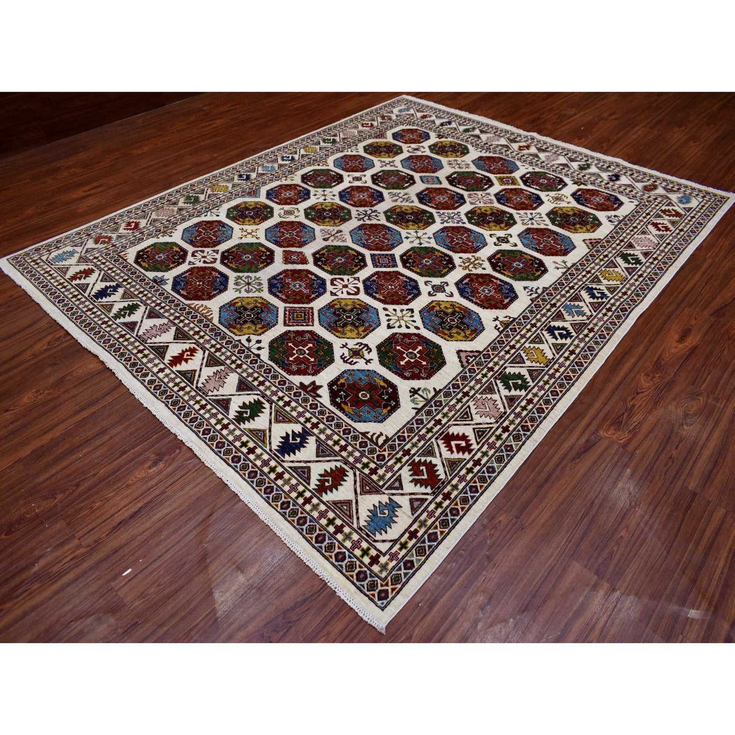 8'2"X10' Organic Wool Hand Knotted Ivory Afghan Super Kazak Oriental Rug