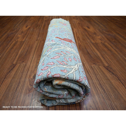 8'3"X8'3" Blue Afghan Peshawar Organic Wool Hand Knotted Round Rug