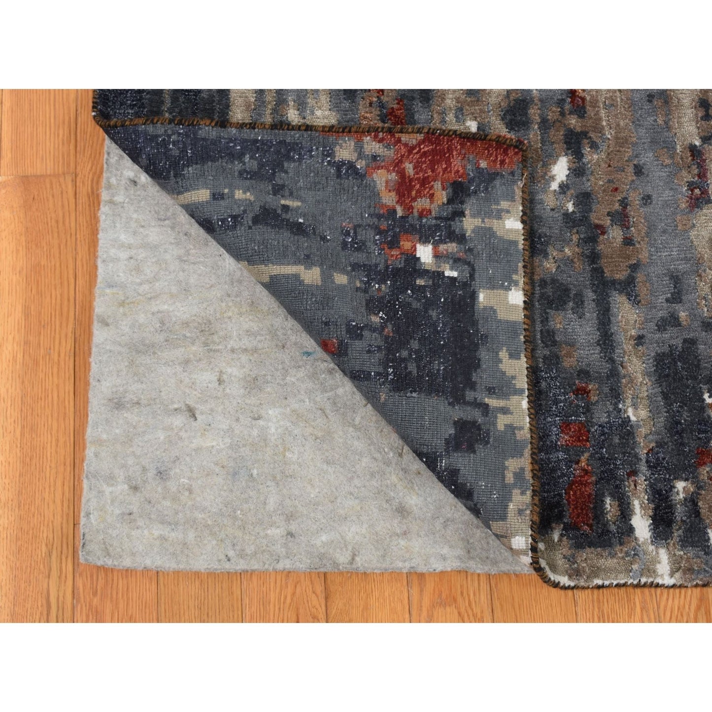 9'X12'2" Red Wool And Silk Abstract Paint Brush Design Hand Knotted Rug