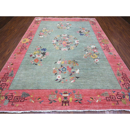 9'X11'9" Green Chinese Art Deco Revival Hand Knotted Pure Wool Rug
