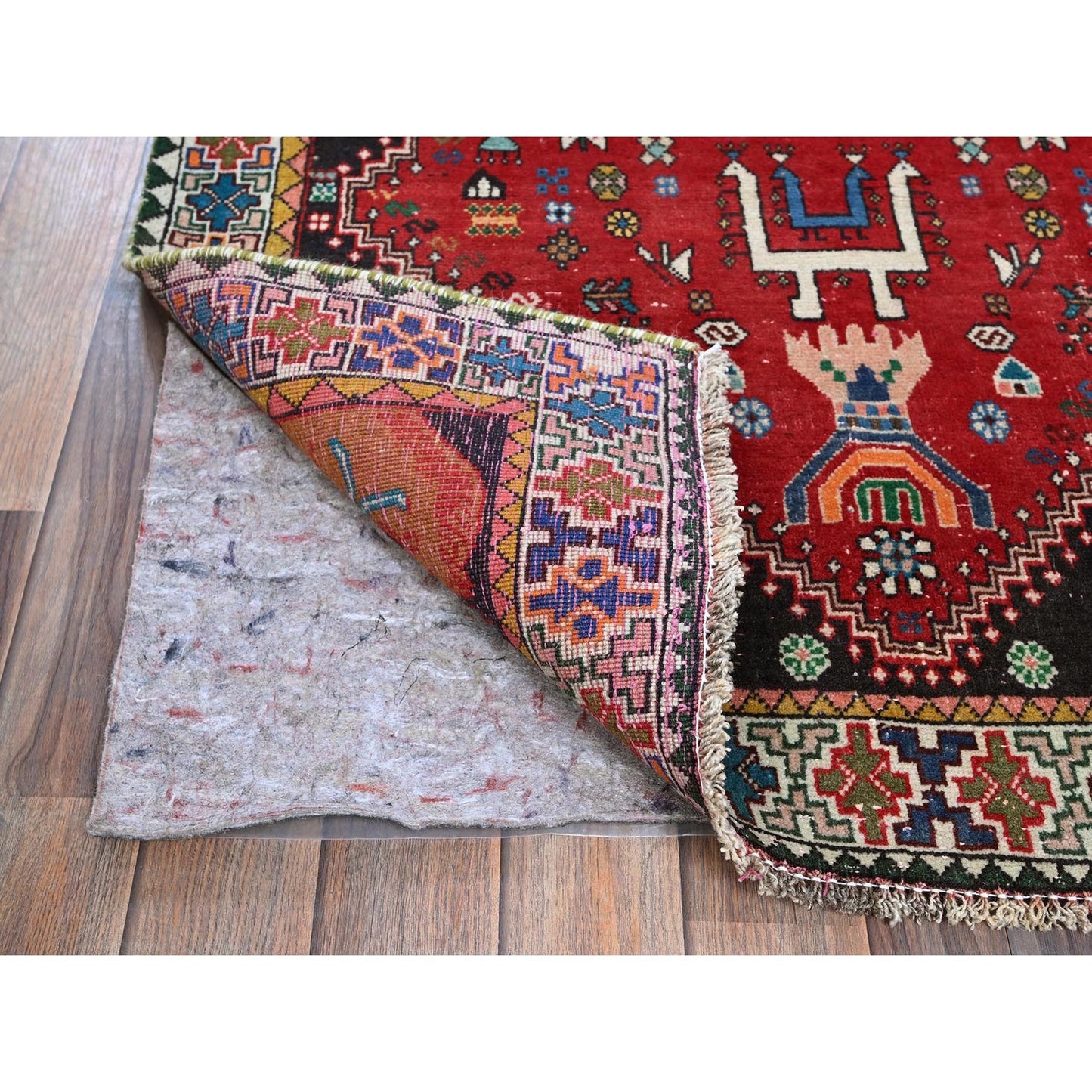 3'5"X8'2" Red Vintage Zoroastrian Sheeraz Hand Knotted Pure Wool Runner Rug