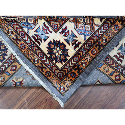 10'X10' Gray Hand Knotted Super Kazak Wool Medallions Oriental Square Rug