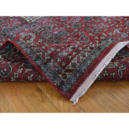 9'X12' Red Vintage Look Mamluk Worn Wool Hand Knotted Rug