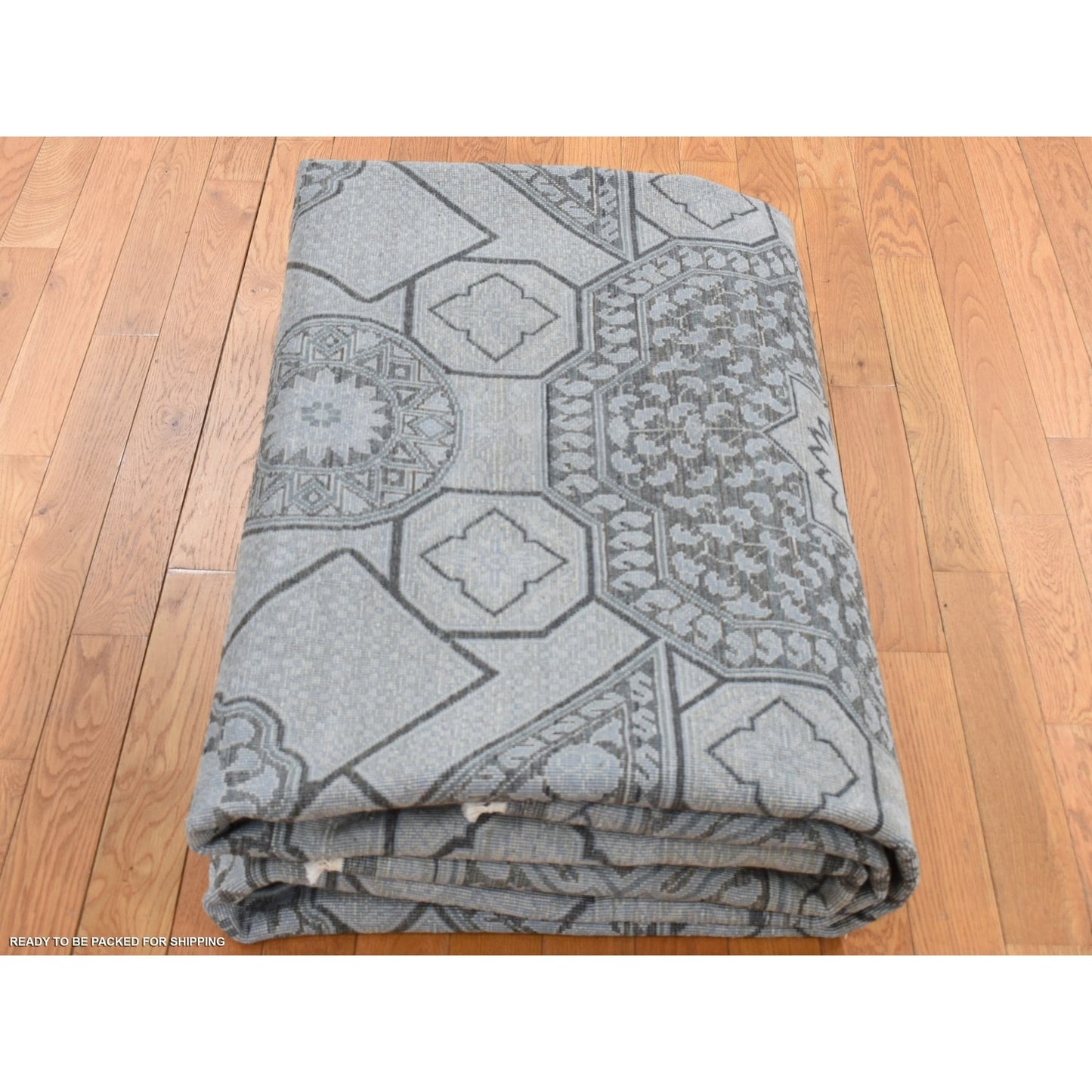 9'X11'7" Cadet Gray Silk With Wool Mamluk Design Hand Knotted Rug