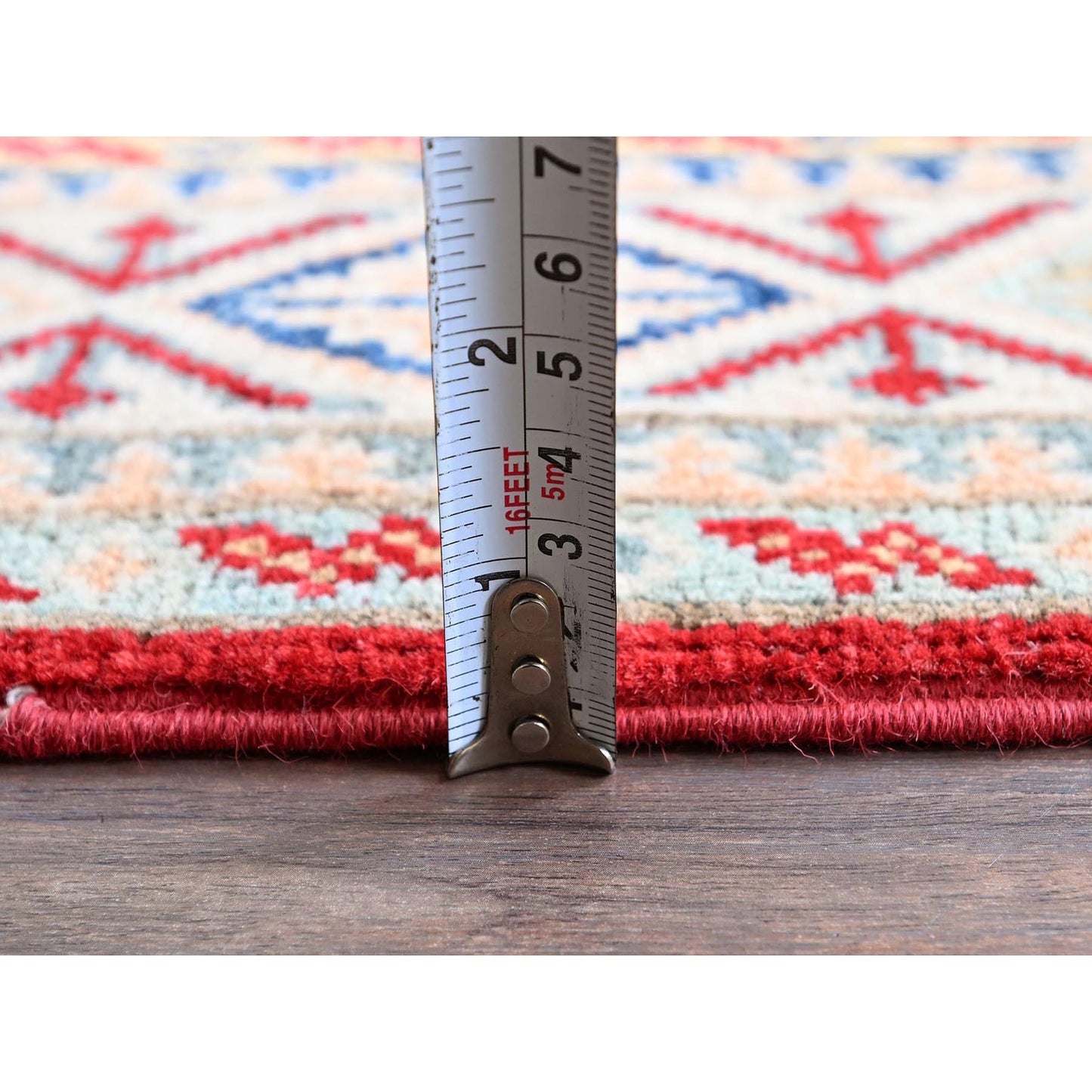 3'10"X5'10" Arsenal Red Kazak With Tribal Motifs Hand Knotted Soft Wool Rug