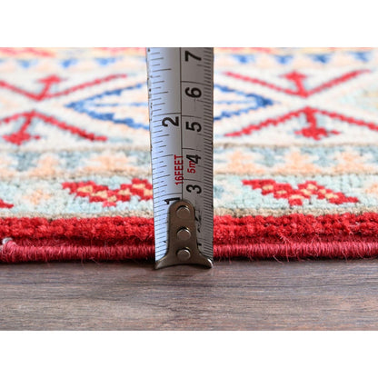 3'10"X5'10" Arsenal Red Kazak With Tribal Motifs Hand Knotted Soft Wool Rug