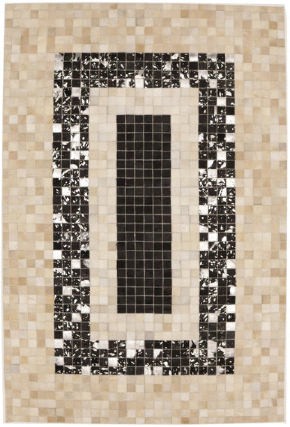 Hand-Stitched Black Beige Cowhide Leather Rug 4X6