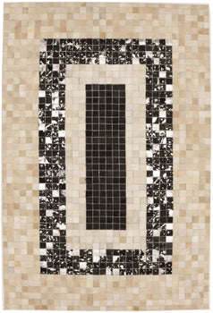 Hand-Stitched Black Beige Cowhide Leather Rug 4X6