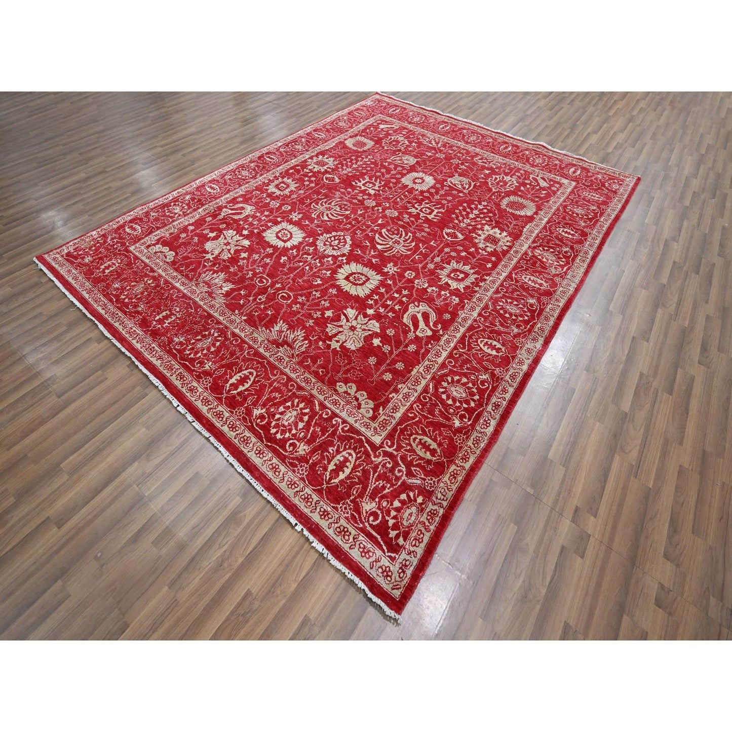 7'9"X10' Red Zoroastrian Influence Design Wool & Silk Hand Knotted Rug