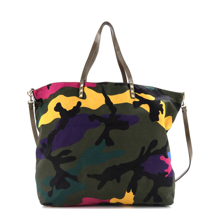Valentino Garavani Rockstud Open Reversible Convertible Tote Camo Nylon Medium