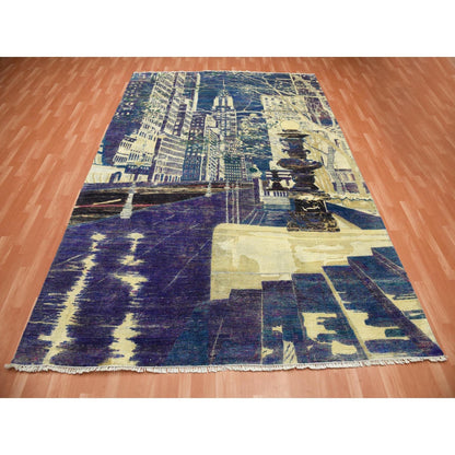 8'8"x12'1" Blue The Empire State Building Silk & Wool Hand Oriental Rug