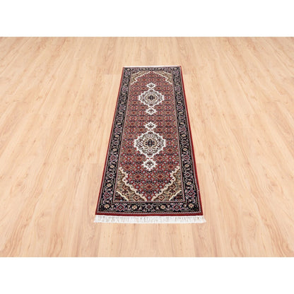 2'X6'1" Wool And Silk Red Tebraz Mahi Fish Design Hand Knotted Runner Rug