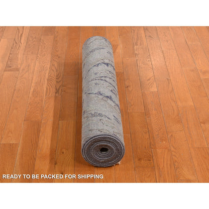 3'X11'10" Mist Gray Flower Design Silk With Wool Hand Knotted Runner Rug