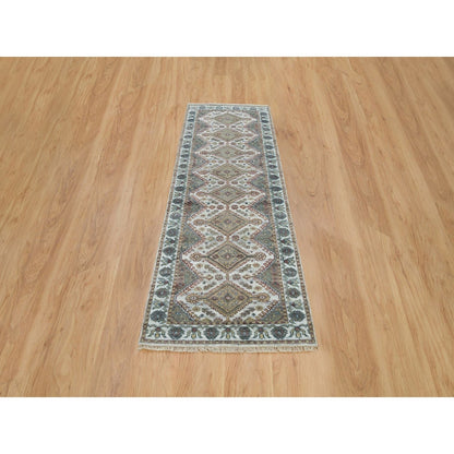 2'7"X8' White Hand Knotted Unique Flower Border Runner Oriental Rug