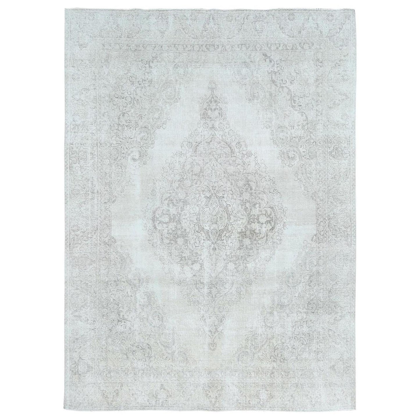 8'10"X12'4" Ivory Hand Knotted Vintage Farsian Tebraz Worn Wool Rug