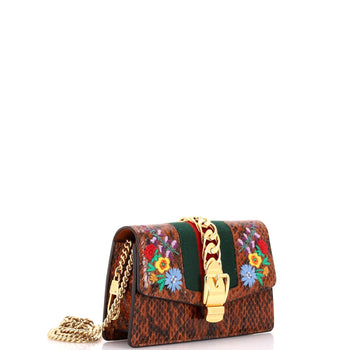 Gucci Sylvie Chain Shoulder Bag Embroidered Snakeskin Super Mini