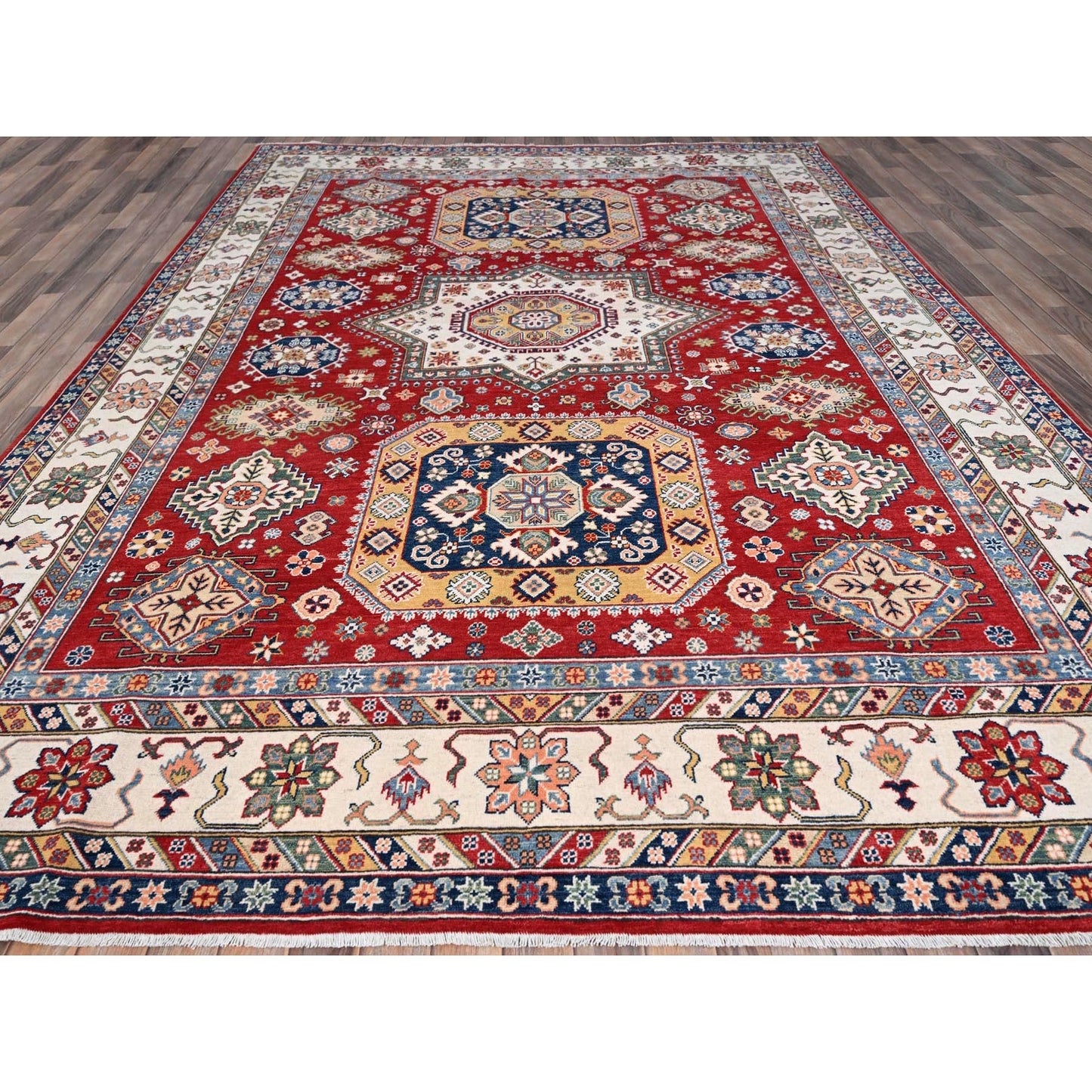 9'X12'4" Rufous Red Kazak Large Medallions Wool Hand Knotted Oriental Rug