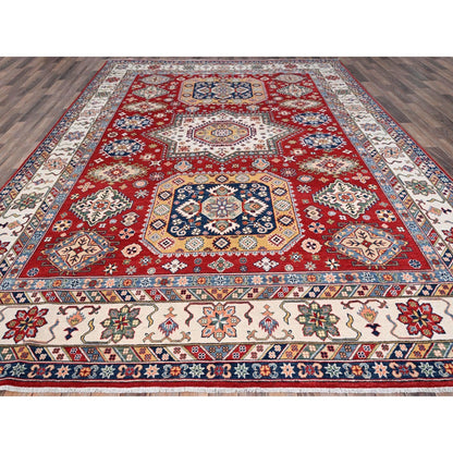9'X12'4" Rufous Red Kazak Large Medallions Wool Hand Knotted Oriental Rug