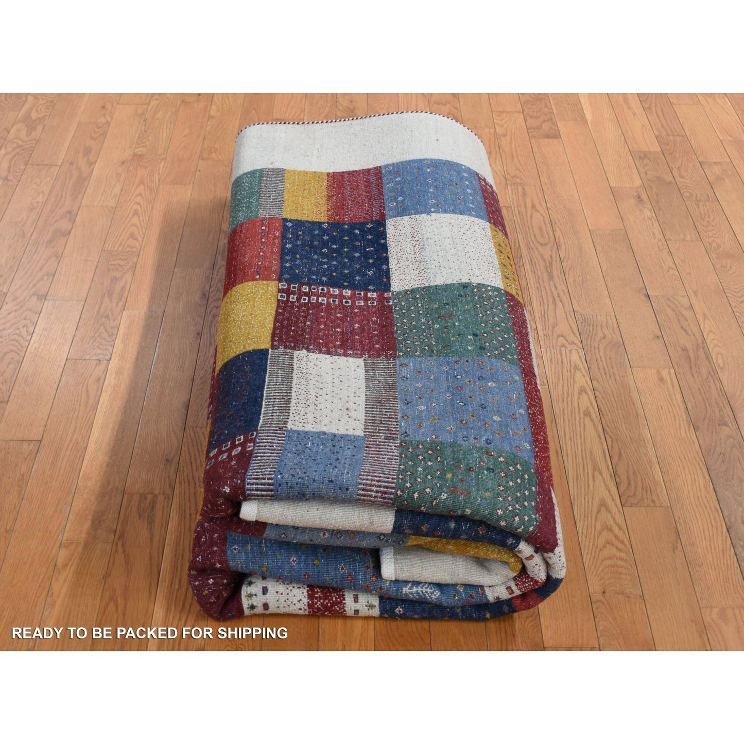 8'3"X9'9" Ivory Zoroastrian Wool Hand Made Gabbeh Patchwork Design Rug