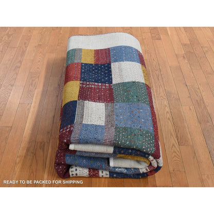 8'3"X9'9" Ivory Zoroastrian Wool Hand Made Gabbeh Patchwork Design Rug