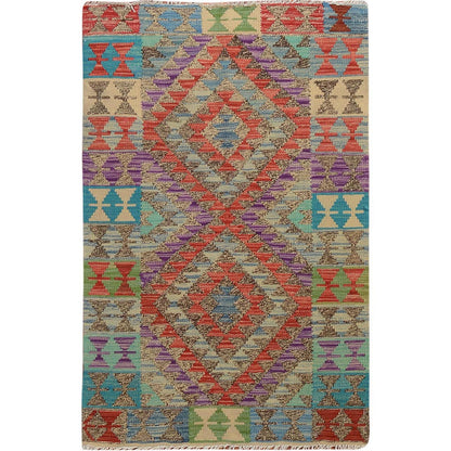 2'7"X4'1" Colorful Flat Weave Afghan Kilim Pure Wool Hand Woven Rug
