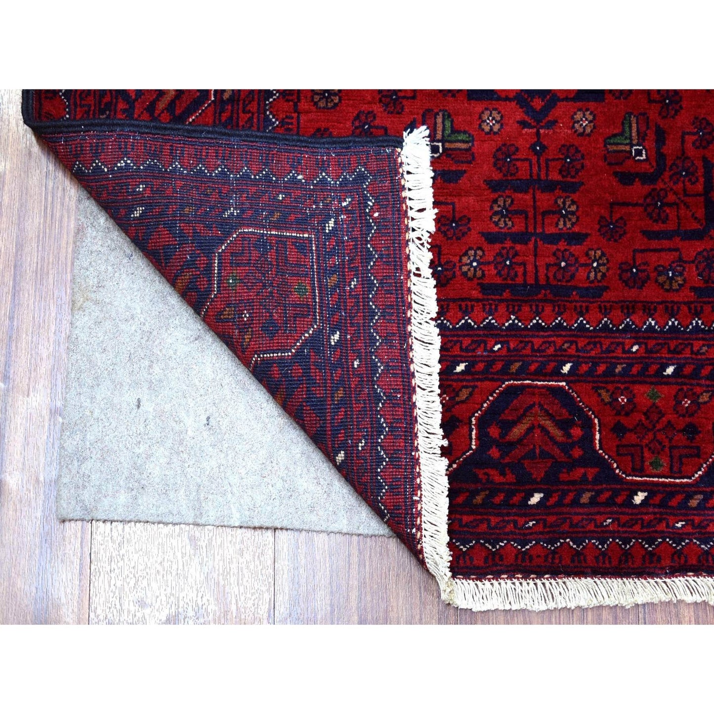 2'10"X9'9" Deep Red Hand Knotted Afghan Khamyab Velvety Wool Runner Rug