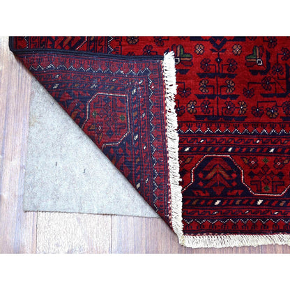 2'10"X9'9" Deep Red Hand Knotted Afghan Khamyab Velvety Wool Runner Rug
