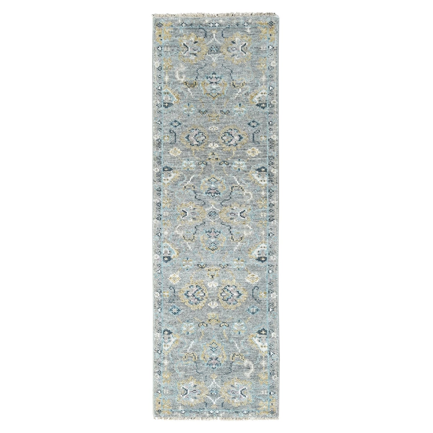 2'7"X8'5" Fossil Gray Oushak Design Hand Knotted Pure Wool Runner Rug